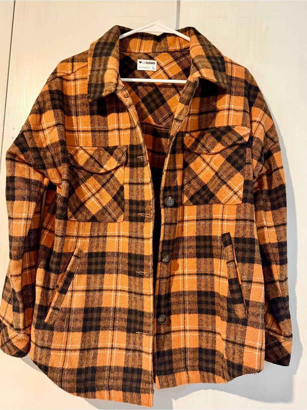 CiSono Orange and Black Plaid Button-Up Teddy Shacket